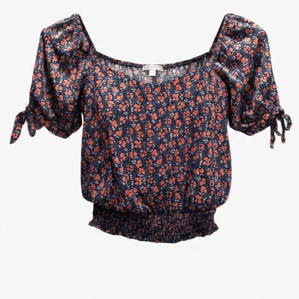 Nine Britton | Women’s Scrunched Waisted Orange & Navy Blue Blouse | S